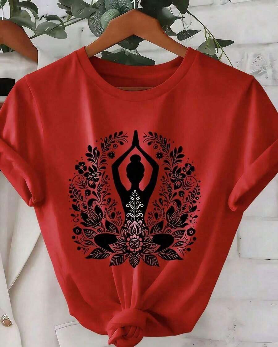 | 100% Algodón Puro y Transpirable | 1pc Camiseta de Manga Corta para Mujeres con Estampado de Mandala de Loto - Diseño Bohemio, Ajuste Cómodo y Transpirable, Cuello Redondo, Top Casual de Yoga, Lavable a Máquina, Ropa para Todas las Estaciones, Top Unisex para Verano-Vintage Street Style Unisexoose Cotton Short Sleeve Crew Neck T-Shirt - Rojo - Ver 1