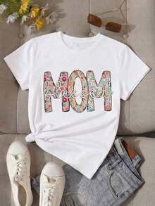 [Local Delivery] Women's T-Shirt, Casual Short Sleeve Crew Neck T-Shirt For Women, Floral Mom Print, Comfortable Polyester Top For Mother's Day Gift - 白色 - 查看 1