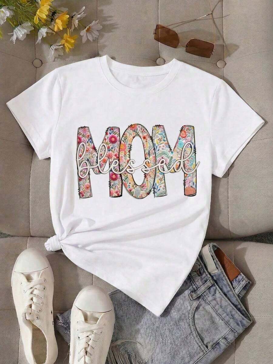 [Local Delivery] Women's T-Shirt, Casual Short Sleeve Crew Neck T-Shirt For Women, Floral Mom Print, Comfortable Polyester Top For Mother's Day Gift - 白色 - 查看 1
