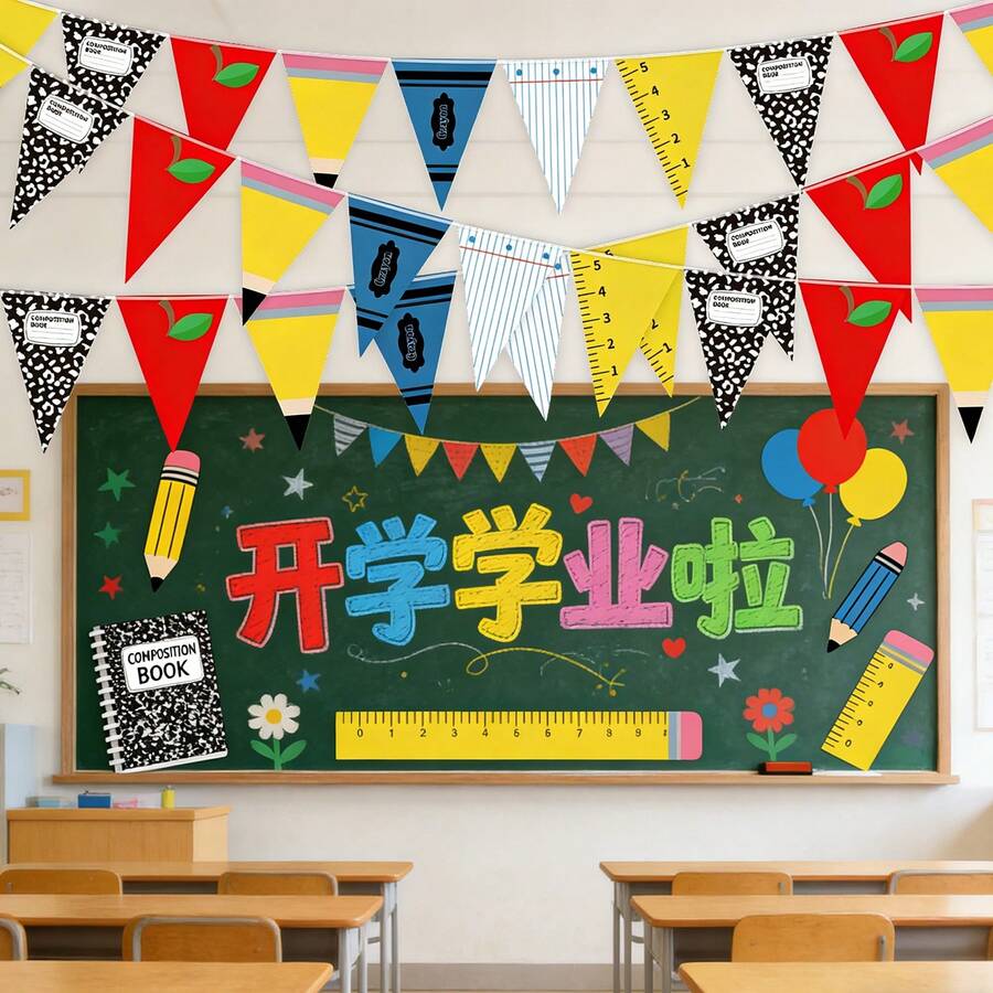 12/24/36件套蜡笔幼儿园毕业横幅 2026 学前班毕业装饰 49 英尺彩虹教师三角旗教室悬挂三角旗返校教室装饰套装 - 開學季三角旗 - 查看 1