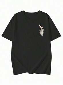Women's Custom T-Shirt, Casual, With Cat Print, Loose Fit, Round Neck, Short Sleeve, Spring/Summer, Black, Urban Vintage Style, Loose Cotton T-Shirt With Round Neck And Short Sleeves - 黑色 - 查看 5