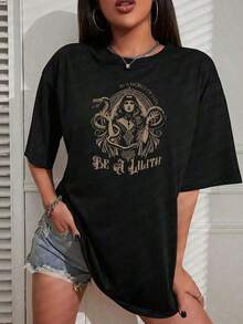 Minimalist, 1 Piece. This Casual Short-Sleeved, Crew-Neck T-Shirt Features A Lilith Goddess Print And Is Perfect For Spring And Summer. Women's T-Shirt, 100% Cotton. Women's Simple Solid Color T-Shirt, Loose And Slim Fit Casual Short Sleeve - 黑色 - 查看 9