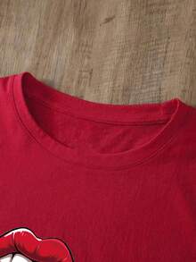 Camiseta oversize roja de verano para mujer con estampado de cerezas y lazo patriótico Playera holgada de cuello redondo con diseño de cerezas rojas y lazo con estrellas - YH330-Rojo - Ver 4