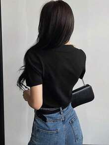 Blusa de punto de manga corta con contraste de rayas, casual de negocios - Negro - Ver 7