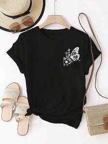 Oferta por tiempo limitado, compra limitada, flash oferta, Camiseta casual de manga corta con cuello redondo y estampado de mariposas para mujer - Tejido suave y elástico, diseño floral negro, gris claro, perfecto para primavera y verano, ropa casual| Estampado floral| Elasticidad media - Negro - Ver 1