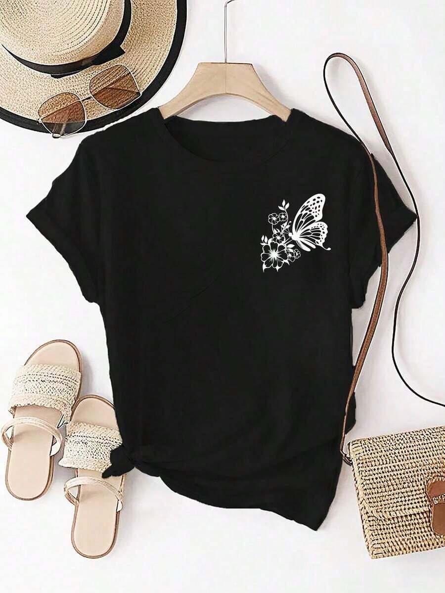 Oferta por tiempo limitado, compra limitada, flash oferta, Camiseta casual de manga corta con cuello redondo y estampado de mariposas para mujer - Tejido suave y elástico, diseño floral negro, gris claro, perfecto para primavera y verano, ropa casual| Estampado floral| Elasticidad media - Negro - Ver 1
