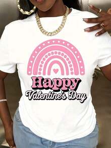 Happy Valentines Day Pink Rainbow Heart T-Shirt Women Casual Valentine Gift Top - Blanco - Ver 2