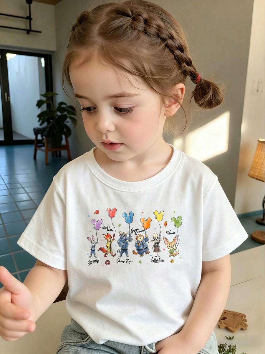 Disney Zootopia Girls' Short Sleeve T-Shirt, Featuring Judy Hopps, Nick Wilde, Chief Bogo, Clawhauser, Bellwether And Finnick Holding Colorful Mickey-Shaped Balloons, With Character Name Signatures Below, Perfect For Disney Park Trips, Casual Outings, School Days And Daily Wear, Made Of Soft Breathable Cotton Fabric, Shipped From UK Local Warehouse For Quick Delivery, Kids' Cute Themed Top For Little Girls. - trắng - Xem 1