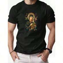 Camiseta de mujer1 pieza Camiseta religiosa católica de la Virgen María y Jesucristo para hombres - Transpirable, ligera, de manga corta, cuello redondo, ropa cristiana casual con la icónica Virgen María, para senderismo, atuendo casual - Ropa lavable a máquina, ropa basada en la fe, atuendo de iglesia 180g 100% algodón suaveCómoda y ligera - Negro - Ver 12