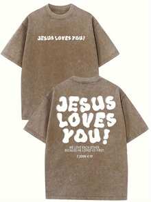 1 Premium Christian T-Shirt - Jesus Loves You! Religious Theme, Black With White Lettering - Casual Style Church Wear For All Seasons, Machine Washable, Faith Gift, Adult Church T-Shirt, Clothing For Religious Activities, Printed T-Shirt, Vintage Wash Effect, High Quality Cotton, Spiritual Clothing, Vintage Fashion, Printed T-Shirt, Faith Community, Basic T-Shirt For Autumn And Winter - Unisex Short Sleeve Crew Neck Loose Fit Cotton Urban Vintage Style T-Shirt. - 黑色 - 查看 4