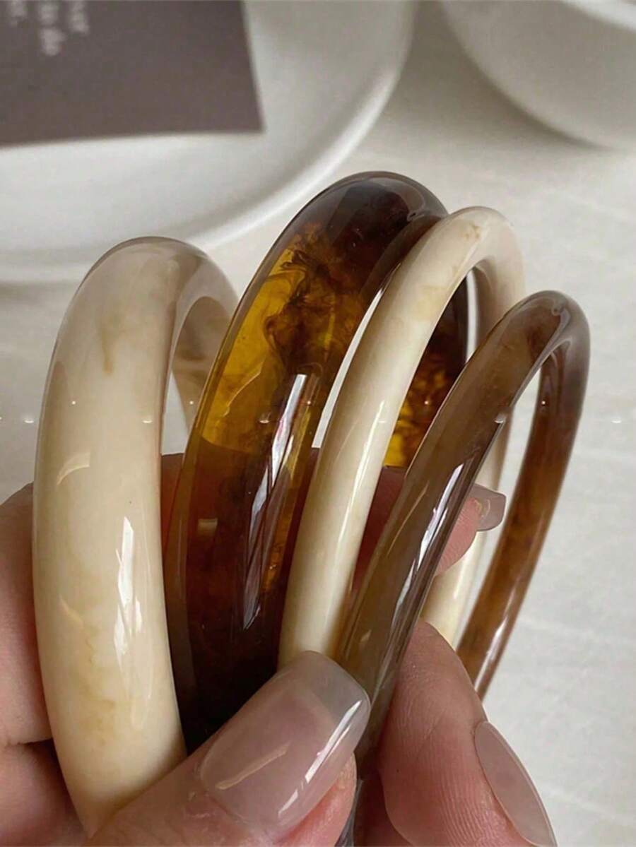 4件套手镯套装 女士度假母亲节礼物 可叠戴玳瑁树脂复古琥珀奶油色粗款 - 彩色 - 查看 1