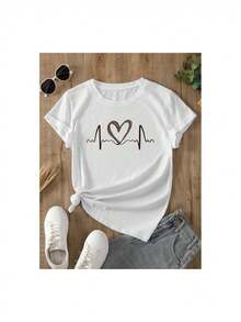 YOCASA Camiseta informal de verano para mujer, de cuello redondo, ajustada y manga corta, con estampado de pintura al óleo, floral, de corazones, de cerezas y de letras. Tejido informal sencillo, estilo deportivo, ideal para el día a día y para una cita de San Valentín. - Blanco - Ver 2