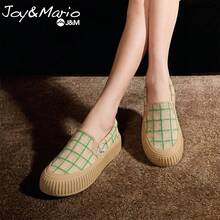 joy&mario 1雙女款Y2K格紋軟底厚底樂福鞋，輕量透氣休閒鞋，適合街頭穿搭、約會與派對 - J&M - 杏色 - 查看 3