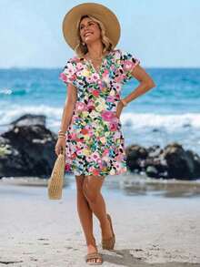 Vestido corto minimalista casual con cuello en V, adecuado para primavera y verano, ropa de verano para mujer, a rayas de colores, ropa de resort para mujer - Multicolor 3 - Ver 5