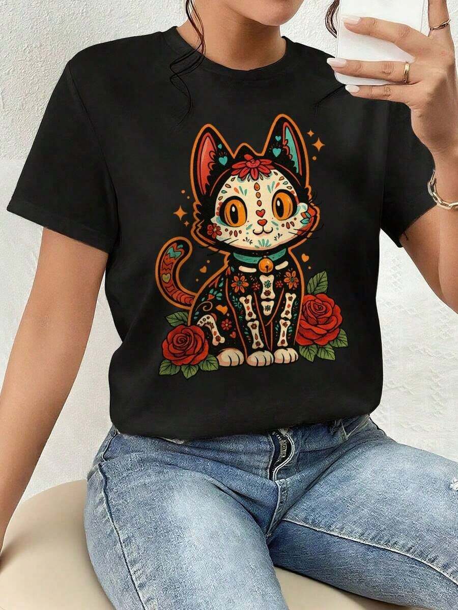 ofertas y liquidacionesPlayera Para Mujer,Lindo Día De Los Muertos Gato - Camiseta Gráfica Para Mujer, Regalo - Inspirada En Calavera Mexicana, Fondo Negro, Cuello Redondo, Material Semitransparente, Ideal Para Festival Del Día De Los Muertosplayera de hombretops sudaderas para mujer Y2k Camiseta Camisa De - Negro - Ver 1
