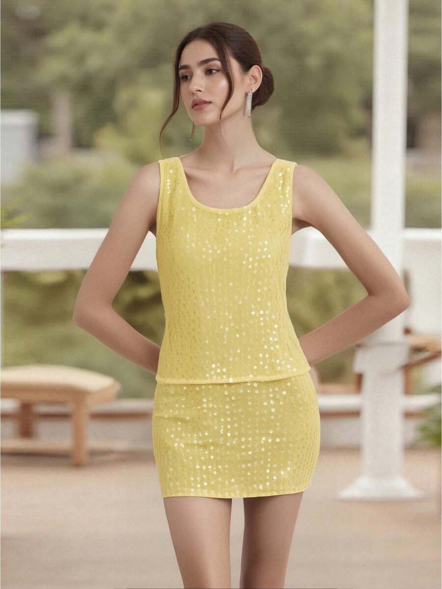 Conjunto de Top Sin Mangas y Falda Mini Ajustada de Lentejuelas para Mujer, Cuello Redondo, Delgado para Fiestas y Clubes de Verano - amarillo claro - Ver 1