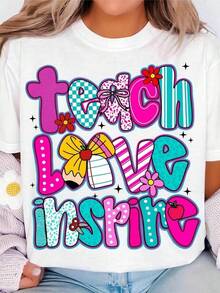 Impresión de letras eleganteWomen's Teacher T-Shirt - Teach Love Inspire Graphic Tee - Soft Breathable Cotton Shirt - Teacher Apparel With Pink, - Educator Gift For Women - Lightweight Everyday Outfit - Teacher Appreciation Present - Staff Clothing - All-Season Comfort Fit, Playful Design, Motivational Print,ropa de mujer holgada,un imprescindible para las vacaciones,disfraces y accesorios de Halloween,Camisetas de apoyo al Mundial,Conjuntos a juego para padres e hijos, camisetas para hombre, camisetas para mujer, camisetas para niños - Blanco - Ver 1