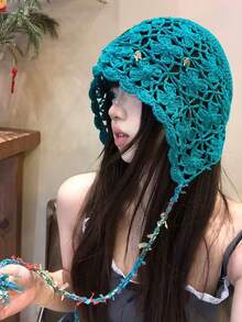 1 chiếc mũ len móc thủ công kiểu retro có tua rua hoa, thiết kế khoét rỗng, mũ beanie mùa hè nhẹ dành cho nữ. - Mặt dây chuyền hình hoa hồng với cỏ bốn lá - Xem 1
