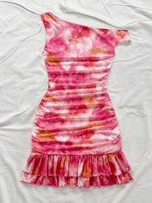 Vestido mini ajustado con volantes asimétricos en el hombro y estampado de teñido anudado romántico.Versátil para fiestas, citas, té de la tarde, playa, boda, temporada de graduación - Multicolor - Ver 2