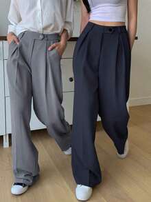 1 pieza Pantalón de vestir de cintura alta con bolsillos en diagonal, atuendo de negocios para mujer - Azul marino - Ver 3
