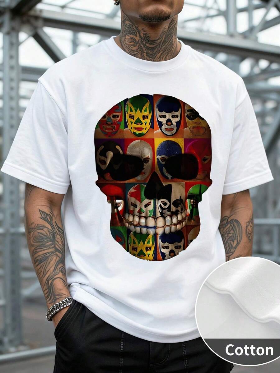 Alternative Style Men's Short Sleeve T-Shirt With Skull Print Formed By Multiple Colorful Lucha Libre Masks, Creative And Vibrant Design, Loose Fit, Ideal For Urban Art And Mexican Culture Lovers, 220 G 100% Cotton, Soft, Breathable And Long-Lasting, Artistic - 白色 - 查看 1