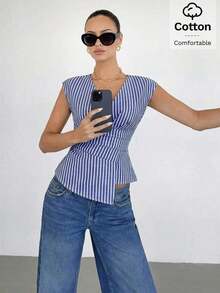 Blusa de mujer de cuello en V a rayas, versátil para uso diario, atuendos casuales de mujer, atuendos de verano de mujer, blusas casuales para mujer, blusas de mujer para el verano, blusa de cuello en V a rayas - azul real - Ver 6