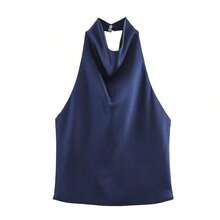 Blusa de mujer de unicolor y sexy con escote halter y espalda descubierta, adecuada para citas y fiestas en verano, color negro - Azul marino - Ver 7