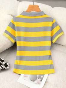 Blusa casual de mujer con cuello polo a rayas y manga corta - Gris 2 - Ver 2