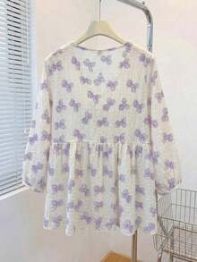 Blusa de mujer con cuello en V de gasa con estampado floral romántico, manga farol, corte holgado y silueta favorecedora, adecuada para uso casual, de calle y de oficina en vacaciones de verano - Púrpura malva - Ver 5