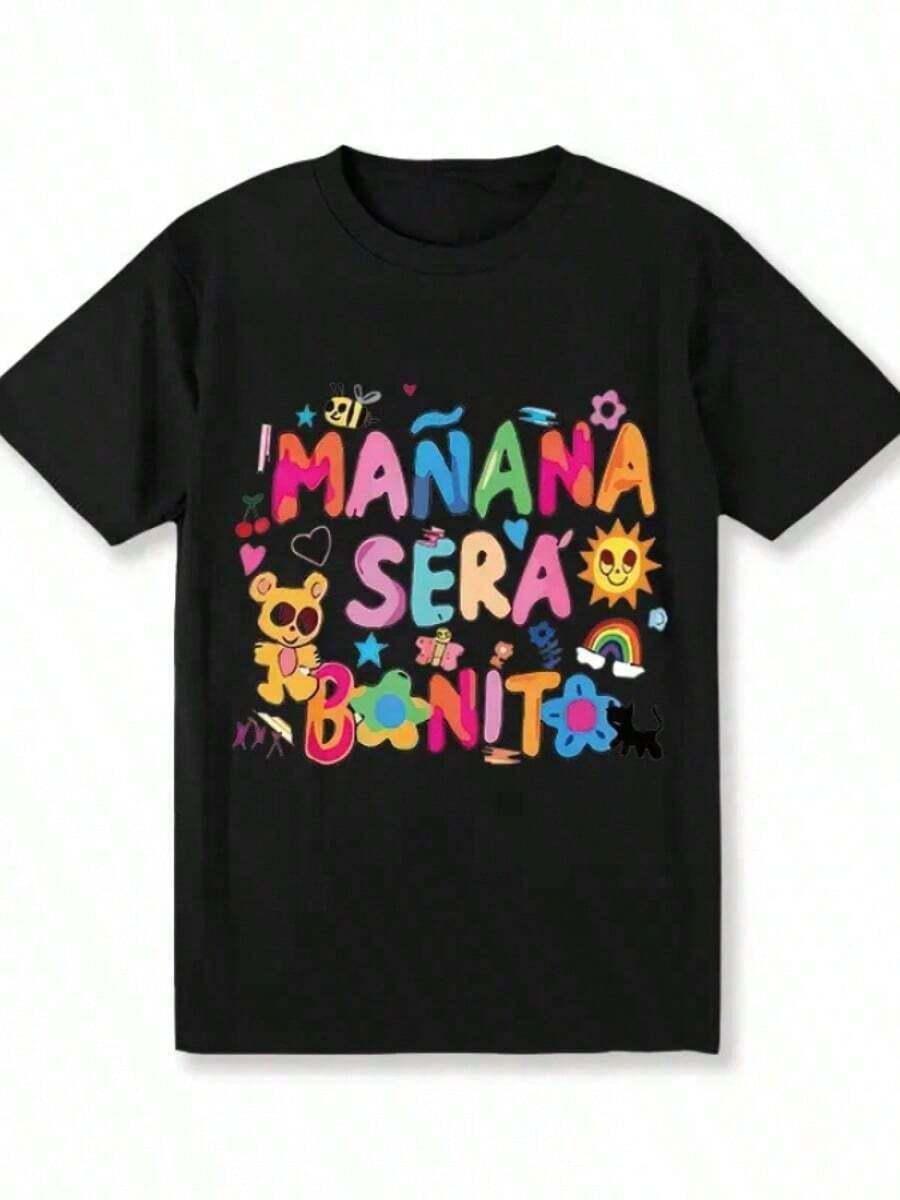 1 pieza de camiseta casual vibrante para mujer - Estampado de letras coloridas "Mañana Será Bonito", cuello redondo, lavable a máquina - Perfecta para primavera y otoño, top para uso diario. |   Camiseta con Diseño Divertido |   Textura Suave S-5XL V6H7180g 100% Algodón - Negro - Ver 1