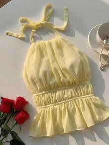 Camiseta sin espalda con cuello halter y espalda con lazo fruncido - Amarillo claro - Ver 4