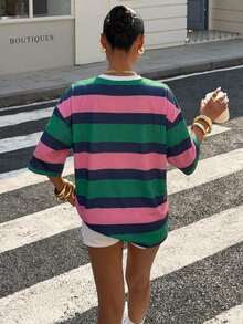 Camiseta de manga corta de cuello redondo holgada con estampado de estrella de contraste de color azul y rojo, número 67 y rayas, de estilo retro casual para mujer, adecuada para el verano, la temporada deportiva y la Copa del Mundo - Multicolor 12 - Ver 2