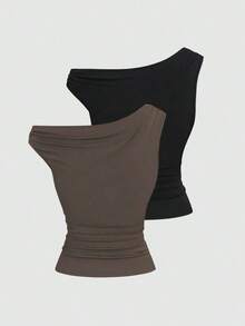 Set de 2 camisetas ajustadas con cuello asimétrico, versátil top casual, primavera/verano - Multicolor 15 - Ver 2