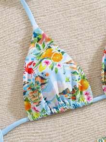Swim Mod Conjunto de bikini de dos piezas con estampado de frutas y verduras en todo el diseño, con escote halter y lazos, para vacaciones de verano - Multicolor 2 - Ver 4