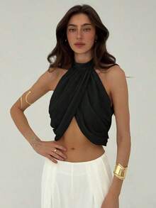 Blusa elegante y sexy para mujer con cuello cruzado, fruncido en la espalda y botones, de estilo casual y de vacaciones, de gasa - Negro - Ver 1