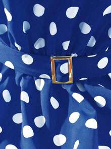 Vestido de línea A con cuello en V sin mangas, estampado de lunares y lazo en la cintura, adecuado para el Día de San Valentín y citas - Azul marino - Ver 4