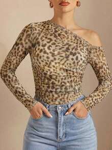 Camiseta Ajustada De Malla Transparente Con Cuello Asimétrico Y Fruncido Para Mujer - Marrón - Ver 10