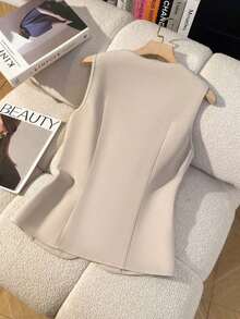Camisa sin mangas de unicolor y estilo minimalista con botones para mujer - Albaricoque - Ver 2