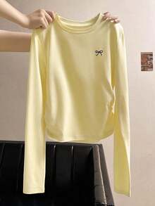 Camiseta casual de manga larga, cuello redondo, con estampado de lazo, color negro para mujer - Amarillo - Ver 7