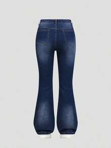 Explorewe Jeans de mezclilla estilo Y2K versátiles lavados y desgastados con pierna acampanada y elásticos para niñas adolescentes - Azul lavado oscuro - Ver 2