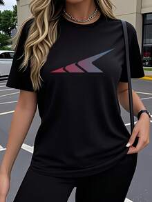 Camiseta de Mujer de Manga Corta de Una Pieza, con Diseños de Patrones Geométricos, Estampados Artísticos Creativos Divertidos y Populares, Top de Cuello Redondo Transpirable y Elástico, Cómodo para Uso al Aire Libre en Primavera, Verano y Otoño. Top de Cuello Redondo Casual Simple y Moderno Y2K - Negro - Ver 2