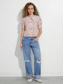 Camisa casual con cuello de volantes, mangas cortas abultadas y abotonadura, top lindo de otoño, ropa bohemia, atuendo de regreso a la escuela, para otoño, invierno, vestimenta occidental para mujer - Rojo y blanco - Ver 3