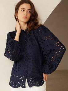 Aveloria Frievida Nueva blusa de manga larga con pliegues delanteros bordados y calados, de estilo francés casual y lujoso, para otoño - Azul marino - Ver 6