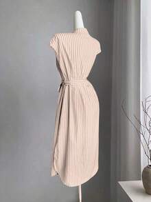 Vestido largo de manga corta para verano 2025, nuevo, con bolsillo, abertura lateral, cinturón y lazo, estampado de leopardo, para uso casual y de viaje - Albaricoque 2 - Ver 3