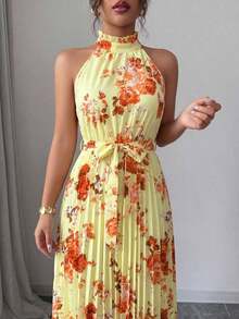 Vestido elegante y romántico con estampado floral, corte evasé y escote halter sin mangas para mujer - Multicolor 7 - Ver 11