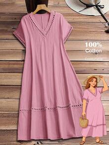 Vestido casual holgado de unicolor con cuello en V y mangas cortas para mujer de talla grande - Rosa - Ver 1
