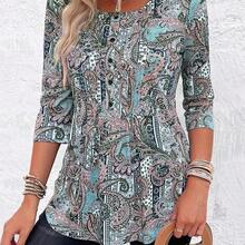 Women's Casual Elegant Paisley Print Round Neck 3/4 Sleeve T-Shirt, Autumn - Verde militar - Ver 8