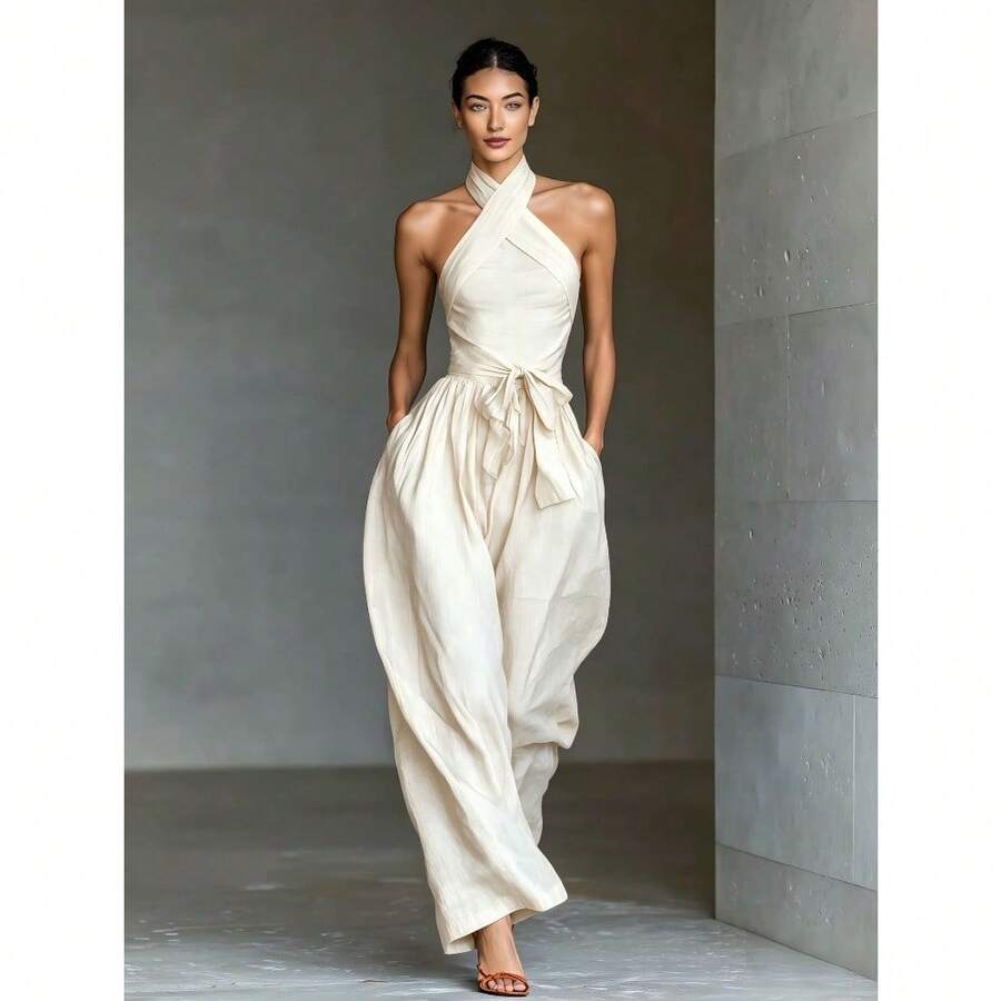 Nuevos pantalones de piernas anchas de moda con tirantes cruzados de tela de lino - Blanco - Ver 1