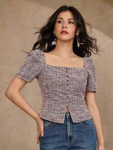 Blusa elegante de mujer de unicolor con jacquard, top tipo babydoll de verano - Rosa - Ver 5