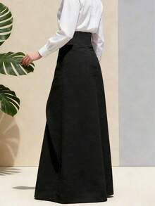 Nueva llegada| Mejor vendedor Falda larga asimétrica de envolvente de cintura alta para mujer, tipo A-Line fluida para oficina, casual, fiesta en color negro - Negro - Ver 4